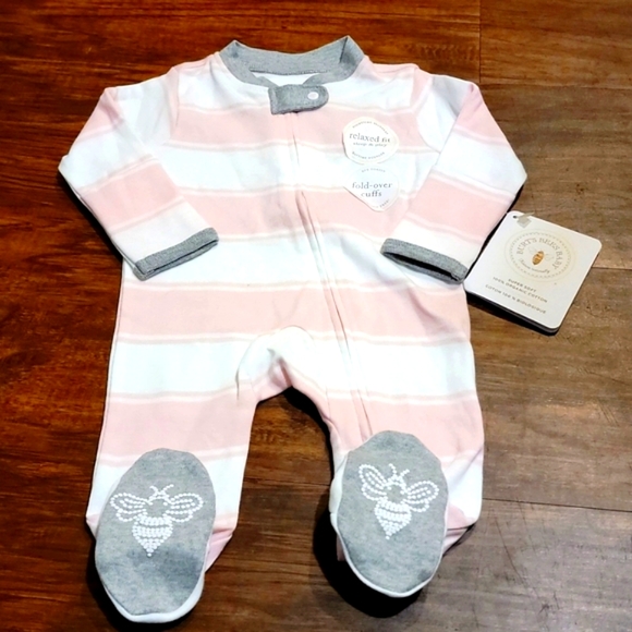 Burt's Bees Baby Pink Rugby Stripe Organic Cotton Zip Footed Pajama - Picture 5 of 7